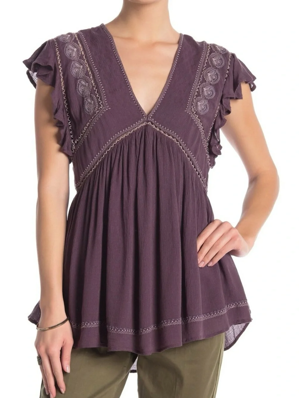 Free People Plum Boho V-Neck Embroidered Flutter Sleeve Tunic